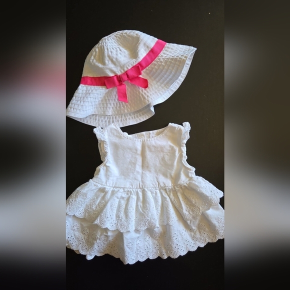 Joe Fresh White Dress and Hat Set with Pink Ribbon Size 6-12M - Picture 2 of 2